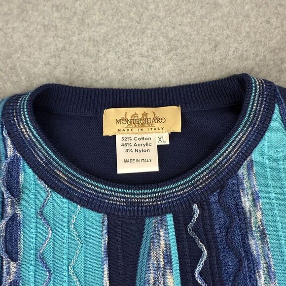 Montechiaro Size XL Blue Navy 3D Knit Sweater Italy‎ Men's Striped Textured - Picture 2 of 8